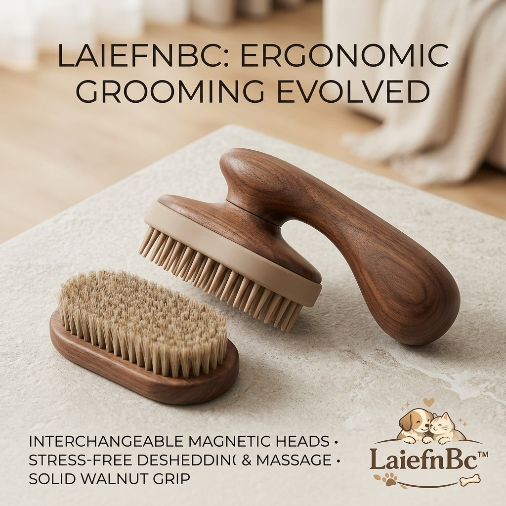 LaiefnBc™ Ergonomic Pet Grooming Brush – 2-in-1 Interchangeable Magnetic Head Set, Premium Solid Walnut Handle, Deshedding & Massage Tool for Cats and Dogs