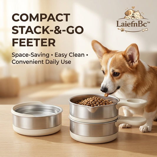 LaiefnBc™ Compact Stack-&-Go Stainless Steel Pet Feeder | Space-Saving Stackable Dog & Cat Bowls | 2-in-1 Portable Travel Food & Water Bowl Set with Easy-Grip Handles