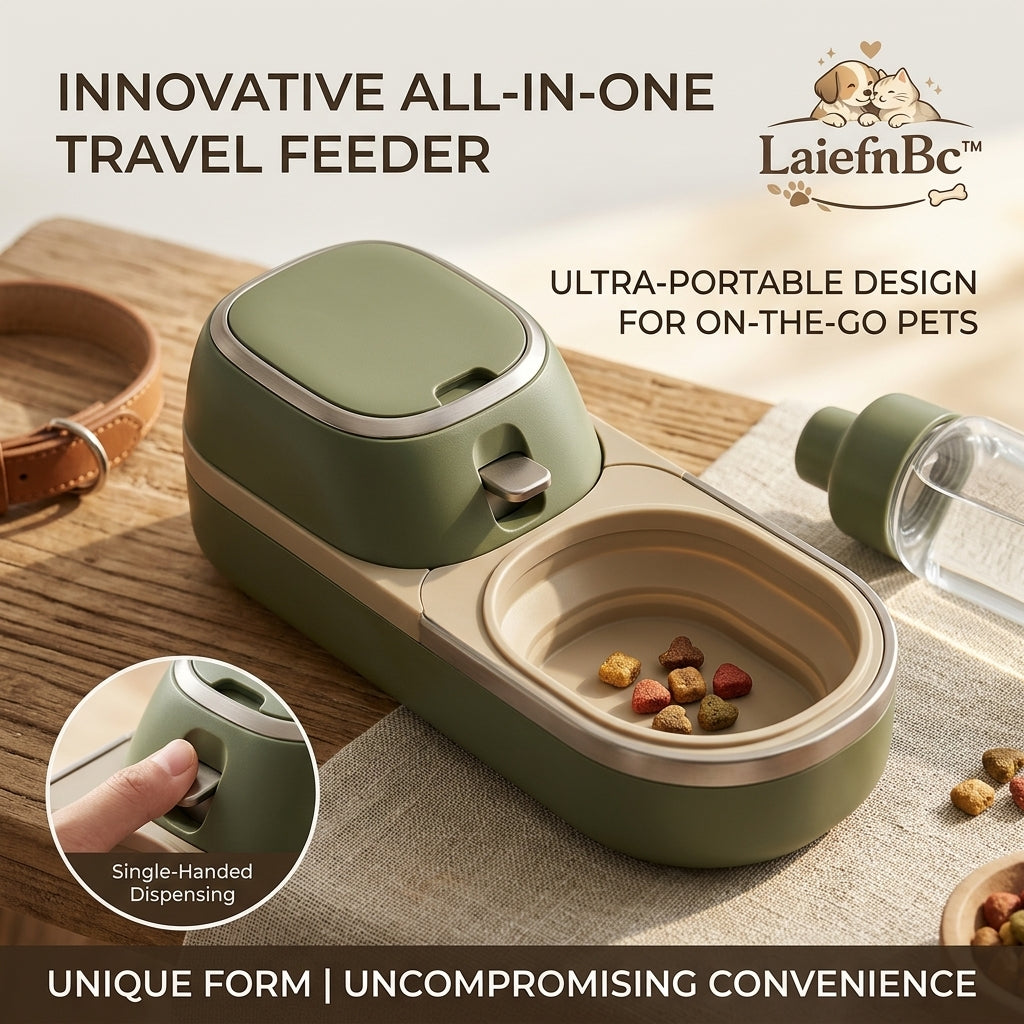 LaiefnBc™ All-in-One Portable Pet Travel Feeder – 2-in-1 Dog & Cat Food Dispenser with Integrated Water Bottle | Compact, Leak-Proof Feeding System for Hiking, Road Trips, and On-the-Go Adventures