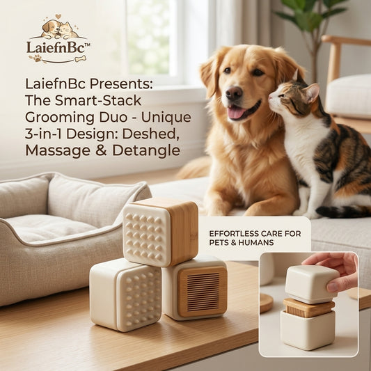 LaiefnBc™ 3-in-1 Smart-Stack Pet Grooming Duo | Professional Deshedding Brush, Massaging Tool & Detangling Comb for Dogs & Cats | Minimalist Bamboo Design | Multi-Functional Aesthetic Pet Care Kit
